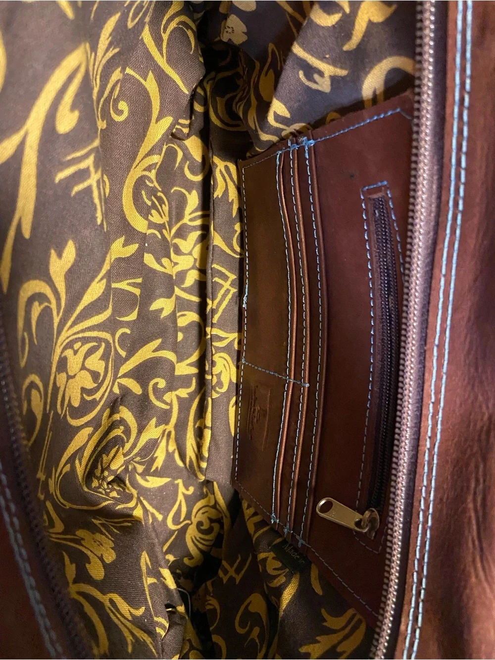 Leaders in Leather Paraguay Handbag Hand Tooled Cutout Satchel Brown Teal EUC